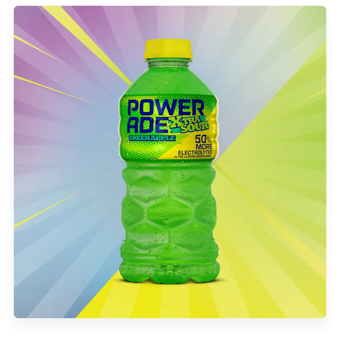 A bottle of Powerade XTRA Sour Green Apple on a multi-colored background